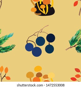 Autumn vector seamless pattern with berries, acorns, pine cone, mushrooms, branches and leaves. Fashion, fabric and prints, wrapping paper.