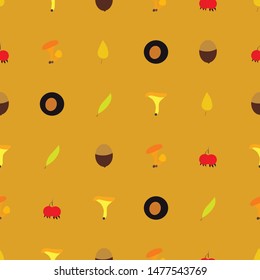 Autumn vector seamless pattern with berries, acorns, pine cone, mushrooms, branches and leaves. Fall colorful background. Fashion, fabric and prints, wrapping paper.