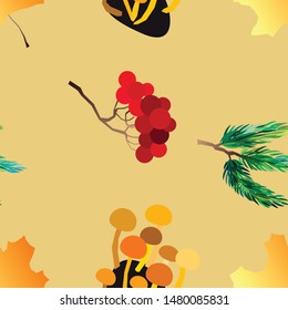 Autumn vector seamless pattern with berries, acorns, pine cone, mushrooms, branches and leaves. Fall colorful background. Fashion, fabric and prints, wrapping paper.