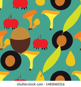 Autumn vector seamless pattern with berries, acorns, pine cone, mushrooms, branches and leaves. Fall colorful background. Fashion, fabric and prints, wrapping paper.