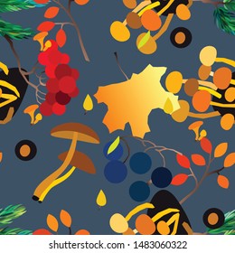 Autumn vector seamless pattern with berries, acorns, pine cone, mushrooms, branches and leaves. Fall colorful background. Fashion, fabric and prints, wrapping paper.