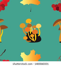 Autumn vector seamless pattern with berries, acorns, pine cone, mushrooms, branches and leaves. Fashion, fabric and prints, wrapping paper.