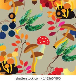 Autumn vector seamless pattern with berries, acorns, pine cone, mushrooms, branches and leaves. Fall colorful background. Fashion, fabric and prints, wrapping paper.