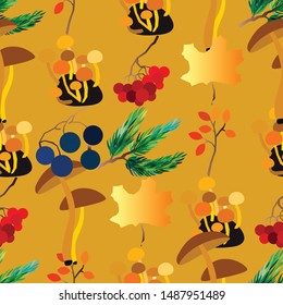 Autumn vector seamless pattern with berries, acorns, pine cone, mushrooms, branches and leaves. Fall colorful background. Fashion, fabric and prints, wrapping paper.