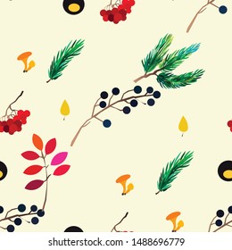 Autumn vector seamless pattern with berries, acorns, pine cone, mushrooms, branches and leaves. Fashion, fabric and prints, wrapping paper.