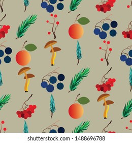 Autumn vector seamless pattern with berries, acorns, pine cone, mushrooms, branches and leaves. Fall colorful background. Fashion, fabric and prints, wrapping paper.