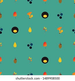 Autumn vector seamless pattern with berries, acorns, pine cone, mushrooms, branches and leaves. Fall colorful background. Fashion, fabric and prints, wrapping paper.