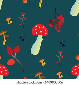 Autumn vector seamless pattern with berries, acorns, pine cone, mushrooms, branches and leaves. Fashion, fabric and prints, wrapping paper.