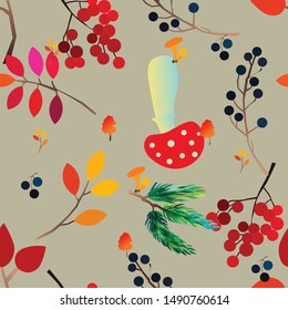 Autumn vector seamless pattern with berries, acorns, pine cone, mushrooms, branches and leaves. Fashion, fabric and prints, wrapping paper.
