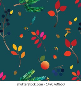 Autumn vector seamless pattern with berries, acorns, pine cone, mushrooms, branches and leaves. Fall colorful background. Fashion, fabric and prints, wrapping paper.