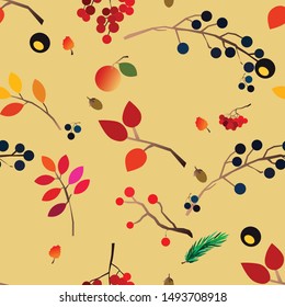 Autumn vector seamless pattern with berries, acorns, pine cone, mushrooms, branches and leaves. Fall colorful background. Fashion, fabric and prints, wrapping paper.