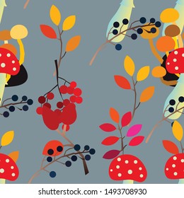 Autumn vector seamless pattern with berries, acorns, pine cone, mushrooms, branches and leaves. Fall colorful background. Fashion, fabric and prints, wrapping paper.