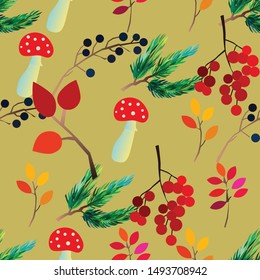 Autumn vector seamless pattern with berries, acorns, pine cone, mushrooms, branches and leaves. Fall colorful background. Fashion, fabric and prints, wrapping paper.