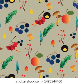Autumn vector seamless pattern with berries, acorns, pine, mushrooms, branches and leaves. Fall colorful background. Fashion, fabric and prints, wrapping paper.