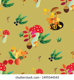Autumn vector seamless pattern with berries, acorns, pine, mushrooms, branches and leaves. Fall colorful background. Fashion, fabric and prints, wrapping paper.