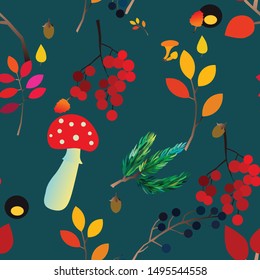 Autumn vector seamless pattern with berries, acorns, pine, mushrooms, branches and leaves. Fall colorful background. Fashion, fabric and prints, wrapping paper.