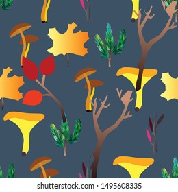 Autumn vector seamless pattern with berries, acorns, pine, mushrooms, branches and leaves. Fall colorful background. Fashion, fabric and prints, wrapping paper.