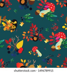 Autumn vector seamless pattern with berries, acorns, pine cone, mushrooms, branches and leaves. Fall colorful background. Fashion, fabric and prints, wrapping paper.