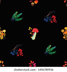 Autumn vector seamless pattern with berries, acorns, pine cone, mushrooms, branches and leaves. Fall colorful background. Fashion, fabric and prints, wrapping paper.