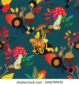 Autumn vector seamless pattern with berries, acorns, pine cone, mushrooms, branches and leaves. Fall colorful background. Fashion, fabric and prints, wrapping paper.