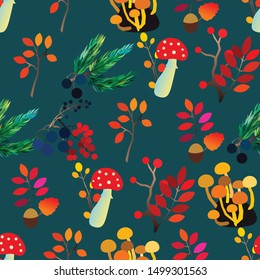 Autumn vector seamless pattern with berries, acorns, pine cone, mushrooms, branches and leaves. Fall colorful background. Fashion, fabric and prints, wrapping paper.