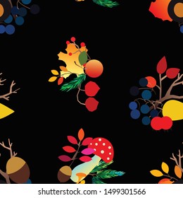 Autumn vector seamless pattern with berries, acorns, pine cone, mushrooms, branches and leaves. Fall colorful background. Fashion, fabric and prints, wrapping paper.