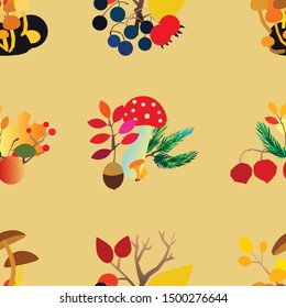 Autumn vector seamless pattern with berries, acorns, pine cone, mushrooms, branches and leaves. Fashion, fabric and prints, wrapping paper.