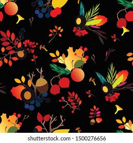 Autumn vector seamless pattern with berries, acorns, pine cone, mushrooms, branches and leaves. Fall colorful background. Fashion, fabric and prints, wrapping paper.
