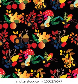 Autumn vector seamless pattern with berries, acorns, pine cone, mushrooms, branches and leaves. Fall colorful background. Fashion, fabric and prints, wrapping paper.