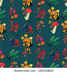 Autumn vector seamless pattern with berries, acorns, pine cone, mushrooms, branches and leaves. Fashion, fabric and prints, wrapping paper.