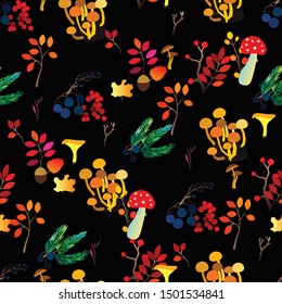 Autumn vector seamless pattern with berries, acorns, pine cone, mushrooms, branches and leaves. Fall colorful background. Fashion, fabric and prints, wrapping paper.