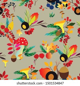 Autumn vector seamless pattern with berries, acorns, pine cone, mushrooms, branches and leaves. Fall colorful background. Fashion, fabric and prints, wrapping paper.