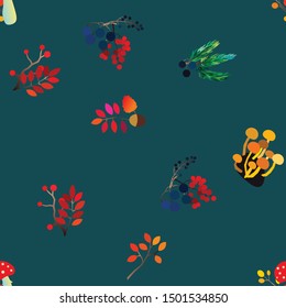 Autumn vector seamless pattern with berries, acorns, pine cone, mushrooms, branches and leaves. Fall colorful background. Fashion, fabric and prints, wrapping paper.