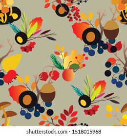 Autumn vector seamless pattern with berries, acorns, pine cone, mushrooms, branches and leaves. Fall colorful background. Fashion, fabric and prints, wrapping paper.