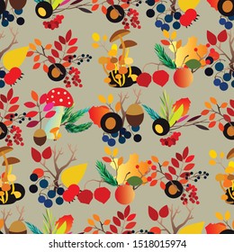 Autumn vector seamless pattern with berries, acorns, pine cone, mushrooms, branches and leaves. Fall colorful background. Fashion, fabric and prints, wrapping paper.
