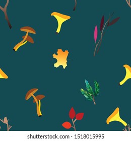 Autumn vector seamless pattern with berries, acorns, pine cone, mushrooms, branches and leaves. Fall colorful background. Fashion, fabric and prints, wrapping paper.