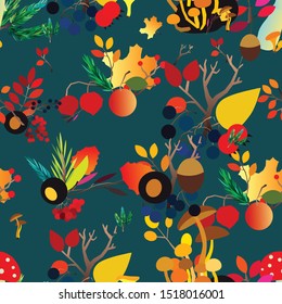 Autumn vector seamless pattern with berries, acorns, pine cone, mushrooms, branches and leaves. Fall colorful background. Fashion, fabric and prints, wrapping paper.