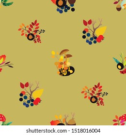 Autumn vector seamless pattern with berries, acorns, pine cone, mushrooms, branches and leaves. Fall colorful background. Fashion, fabric and prints, wrapping paper.