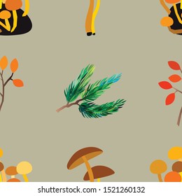 Autumn vector seamless pattern with berries, acorns, pine cone, mushrooms, branches and leaves. Fashion, fabric and prints, wrapping paper.