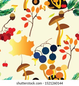 Autumn vector seamless pattern with berries, acorns, pine cone, mushrooms, branches and leaves. Fall colorful background. Fashion, fabric and prints, wrapping paper.