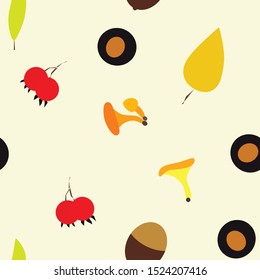 Autumn vector seamless pattern with berries, acorns, mushrooms, branches and leaves. Fall colorful background. Fashion, fabric and prints, wrapping paper.