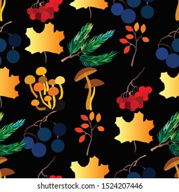 Autumn vector seamless pattern with berries, mushrooms, branches and leaves. Fall colorful background. Fashion, fabric and prints, wrapping paper.