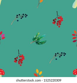 Autumn vector seamless pattern with berries, acorns, pine cone, mushrooms, branches and leaves. Fall colorful background.