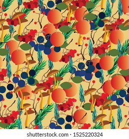 Autumn vector seamless pattern with berries, acorns, pine cone, mushrooms, branches and leaves. Fall colorful background. Fashion, fabric and prints, wrapping paper.