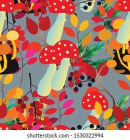Autumn vector seamless pattern with berries, acorns, pine cone, mushrooms, branches and leaves.