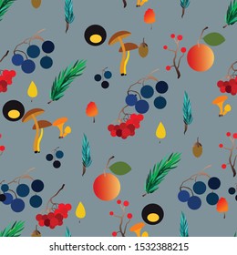 Autumn vector seamless pattern with berries, acorns, pine cone, mushrooms, branches and leaves. Fall colorful background. Fashion, fabric and prints, wrapping paper.