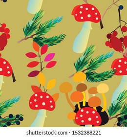 Autumn vector seamless pattern with berries, acorns, pine cone, mushrooms, branches and leaves. Fall colorful background. Fashion, fabric and prints, wrapping paper.