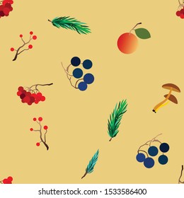 Autumn vector seamless pattern with berries, acorns, pine cone, mushrooms, branches and leaves. Fall colorful background. Fashion, fabric and prints, wrapping paper.