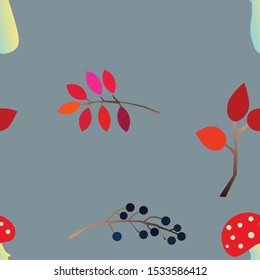 Autumn vector seamless pattern with berries, acorns, pine cone, mushrooms, branches and leaves. Fall colorful background. Fashion, fabric and prints, wrapping paper.