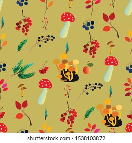 Autumn vector seamless pattern with berries, acorns, pine cone, mushrooms, branches and leaves.